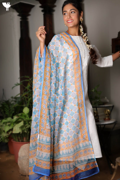 Kota Doria Dupatta In Geometric Block Print